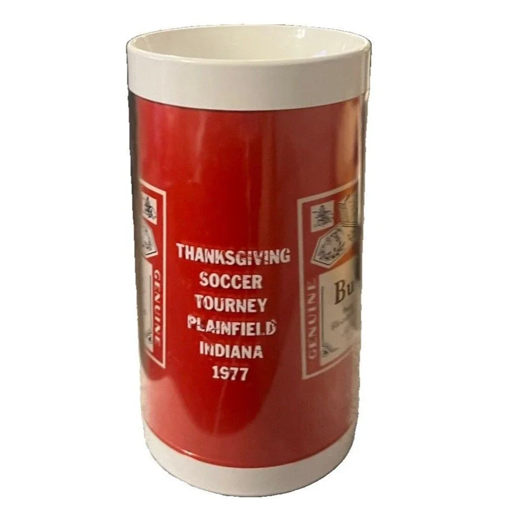 Vtg Budweiser King of Beers Plastic Thermo Mug Thanksgiving Soccer Tourney 1977